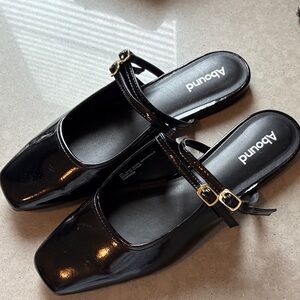 Abound Black Patent Mary Jane Slide with Gold Buckles